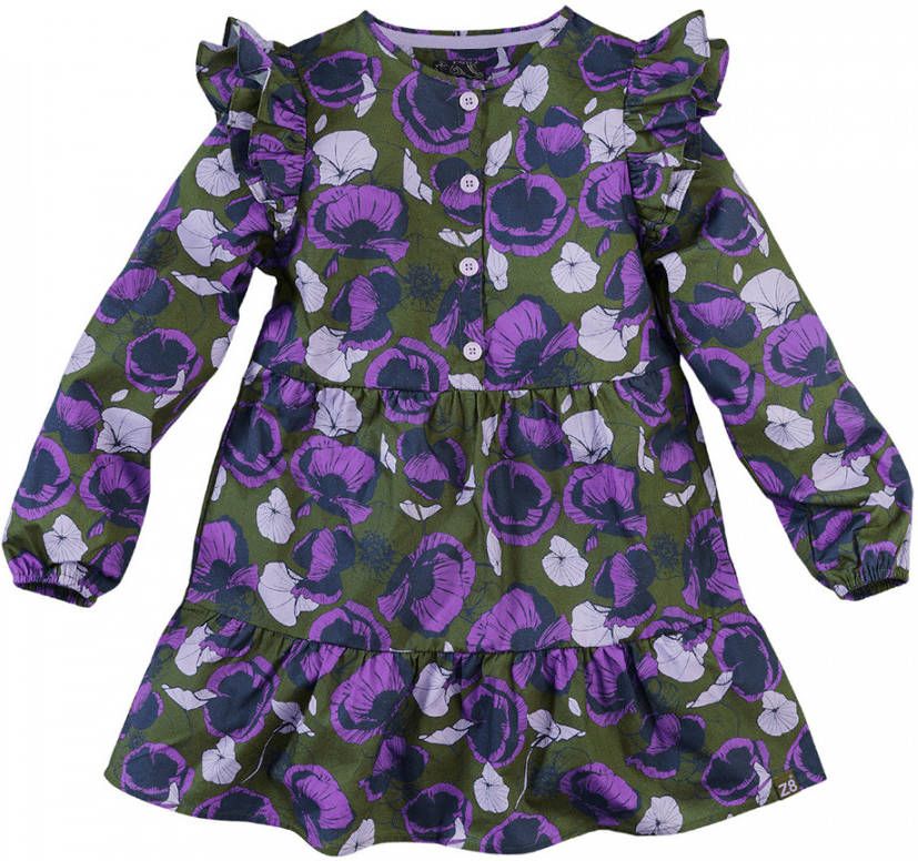 Z8 jurk Zora met all over print en ruches army groen/paars/donkerblauw online kopen
