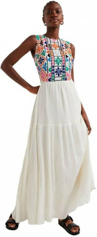 Desigual maxi jurk met borduursels wit/blauw/oranje online kopen