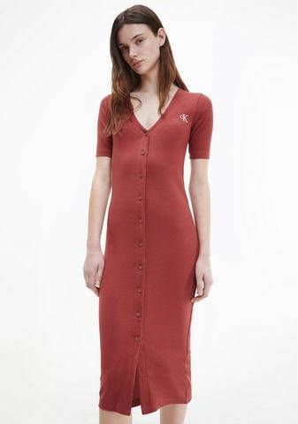 Calvin Klein Midi jurk CK BUTTON THROUGH RIB LONG DRESS met ribstructuur online kopen