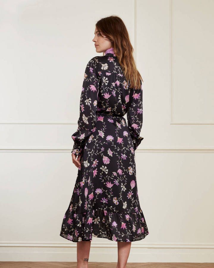 Fabienne Chapot gebloemde jurk Marina van gerecycled polyester zwart/lila online kopen