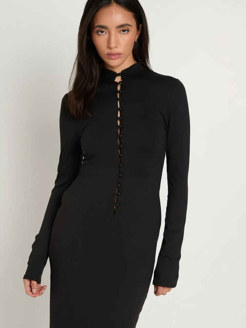 boohoo Dames Hoogsluitende Midaxi-jurk Met Knoopsluiting En Lange Mouwen zwart, foto 2