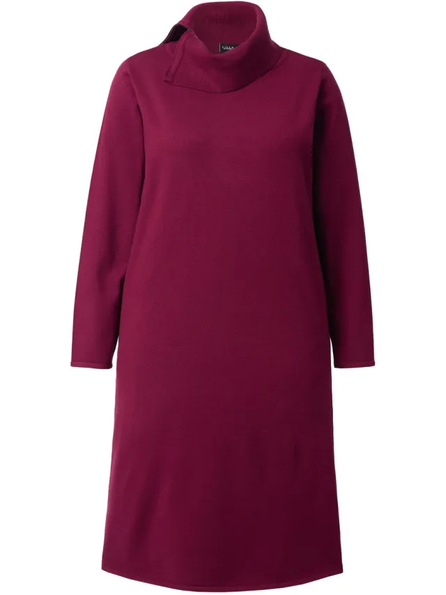 Ulla Popken Dames - Gebreide midi-jurk rits colkraag lange mouwen - Bordeaux - Maat 50+