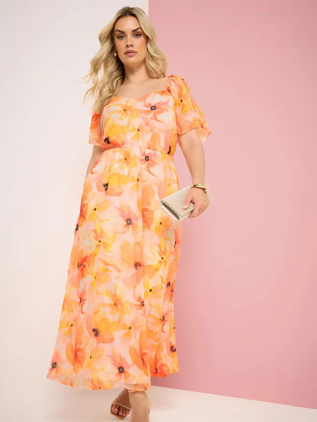 Yours Oranje Jurk Met Bloemenprint En Engelenmouwen Orange
