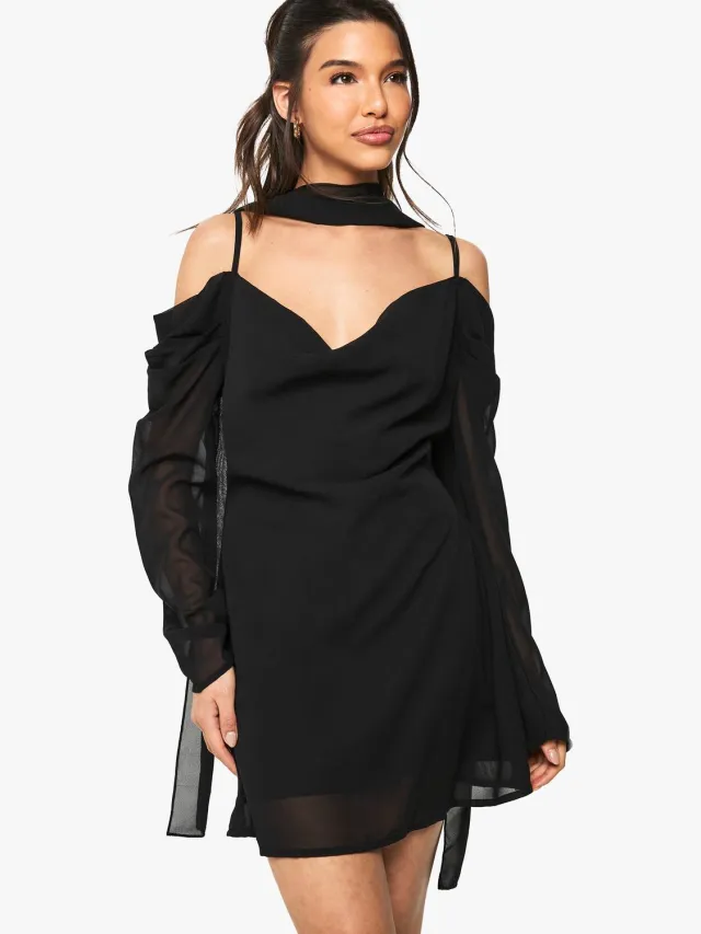 boohoo Dames Chiffon Sjaal Detail Cold Shoulder Mini Jurk Zwart