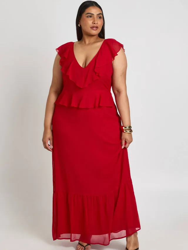 boohoo Dames Plus Chiffon Ruches Plunge Maxi Jurk Rood