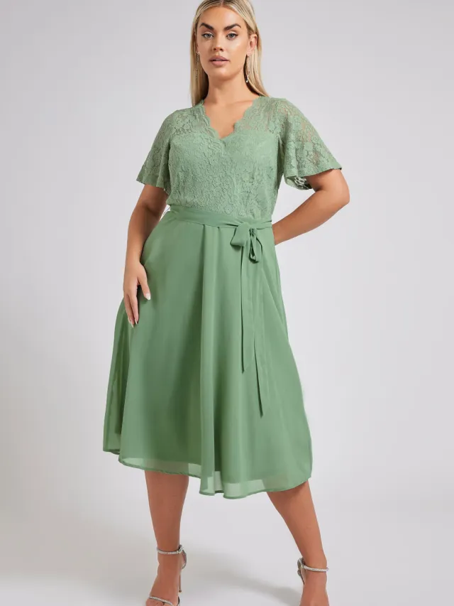 Yours London Kanten Midijurk Met Sweetheart Halslijn In Saliegroen Green