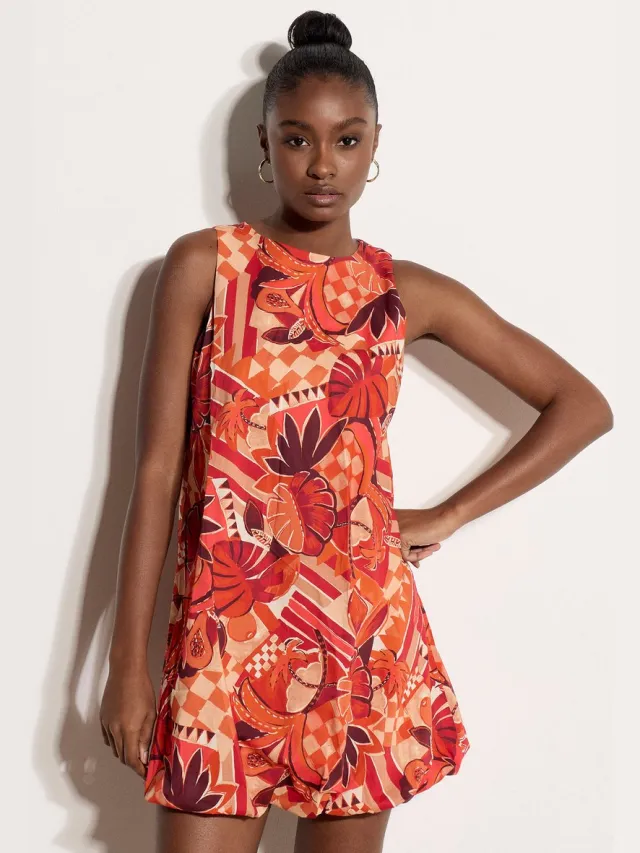 Apricot Mini-jurk met bubbelzoom en abstracte print Rood