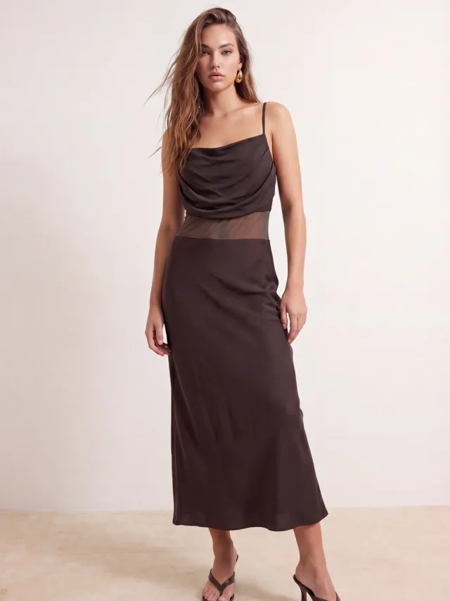 Trendyol TRENDYOLMİLLA Dames Bruin Effen Maxi Mouwloos Zeemeermin Avond & Gala Jurk