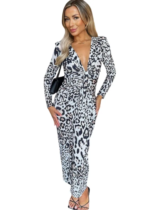AX Paris Midi-jurk met V-hals en luipaardprint voor dames (Crème)