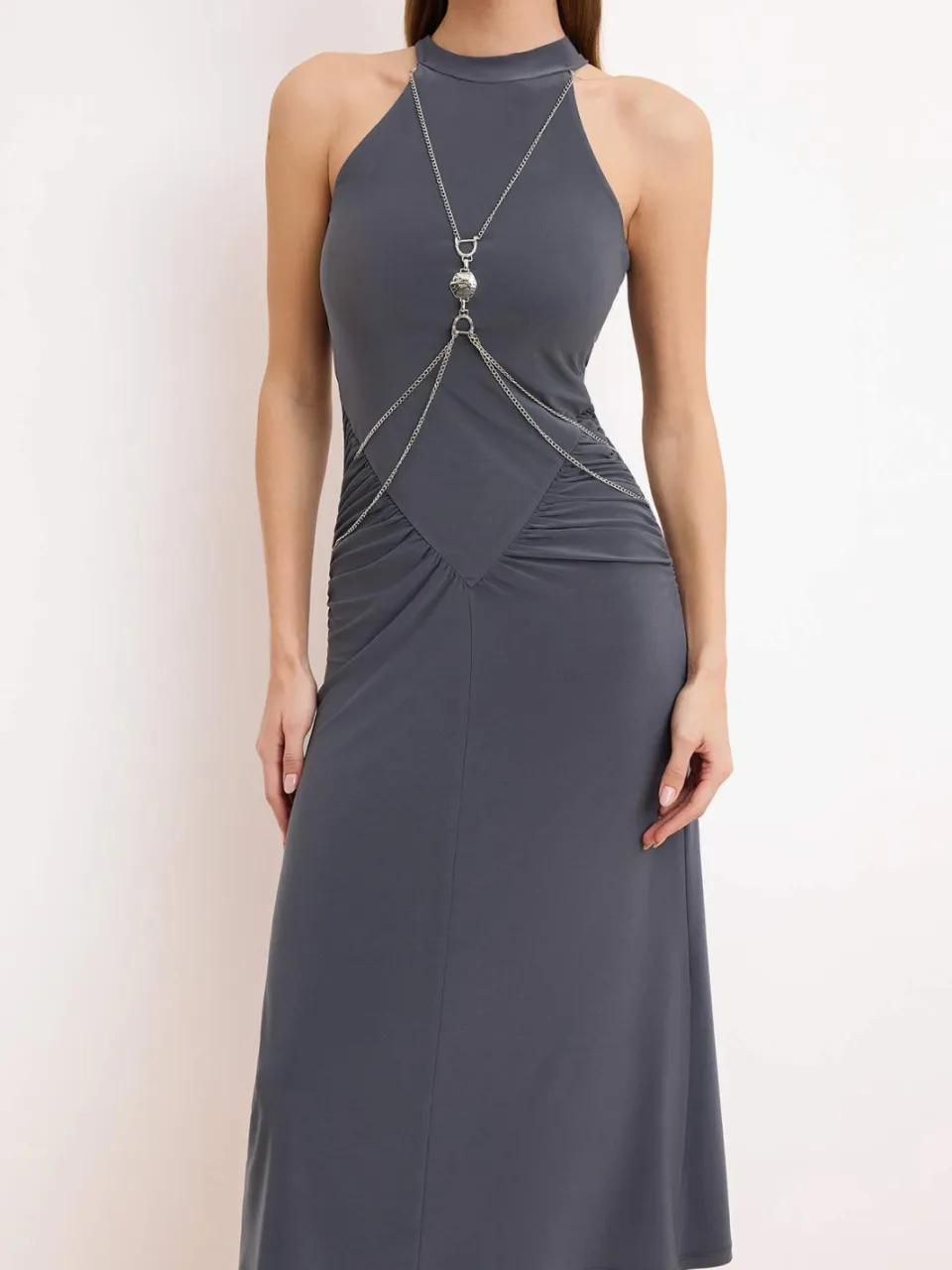 Trendyol TRENDYOLMİLLA Dames Grijs Effen Midi Mouwloos Stijlvol/Avond Bodycon Jurken, foto 2