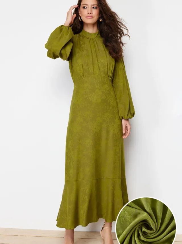 Trendyol Modest Dames Kaki Bloemen Maxi Lang Casual Skater Modest Jurken
