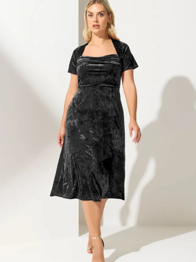 Yours London Zwarte Fluwelen Midijurk Met Vierkante Hals Black