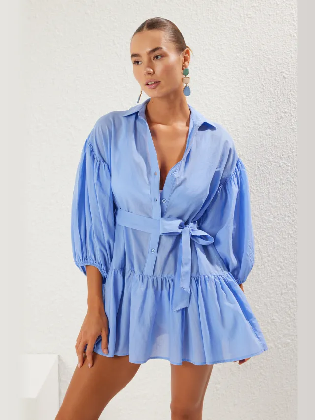 Trendyol TRENDYOLMİLLA Dames Blauw Effen Extra Kort / Super Mini Driekwart mouw Strandkleding Skater Strandjurken