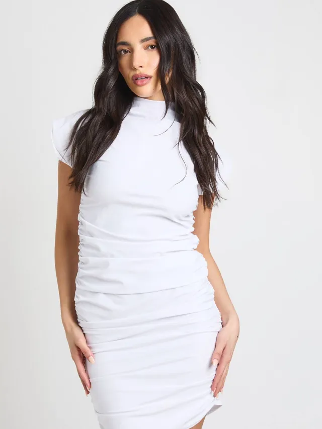 boohoo Dames Mini Jurk met Aangegroeid Halslijn en Gerimpelde Zijkant Wit
