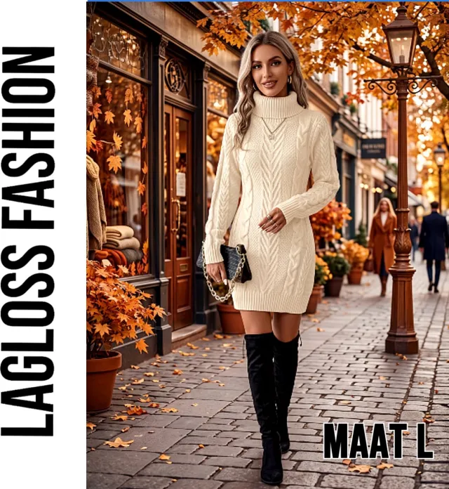 LaGloss Dames Trui-Jurk Beige – Kabelgebreide Winterjurk met Hoge Hals en Lange Mouwen Creme