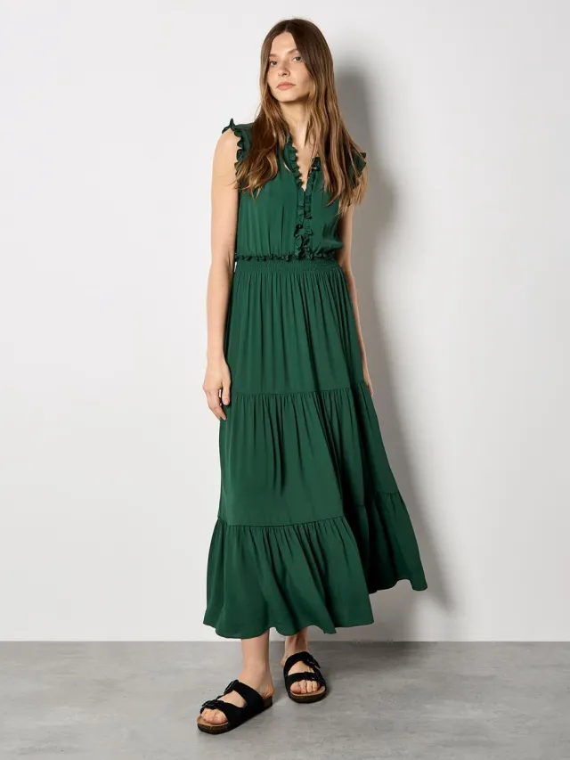 Apricot Maxi-jurk met V-hals en gelaagde ruches Groen