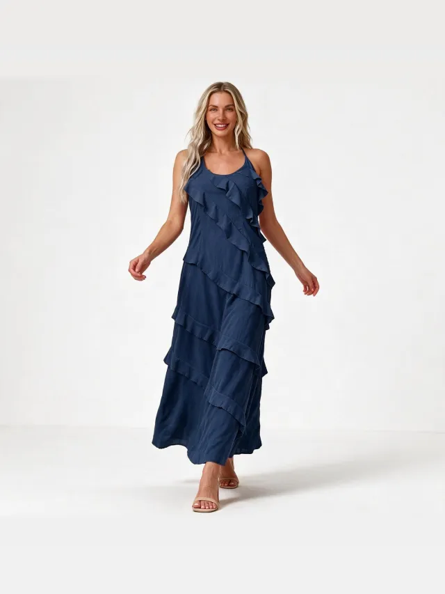 Imily Bela Dames Maxi Jurk met Spaghettibandjes en Gelaagde Ruches Marineblauw