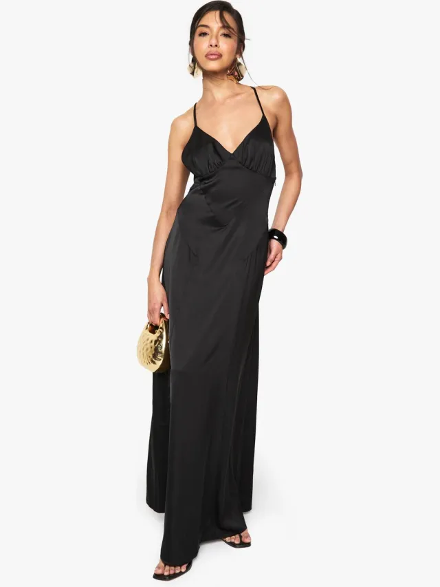 boohoo Dames Satijnen bandjes cross-over slip jurk Zwart