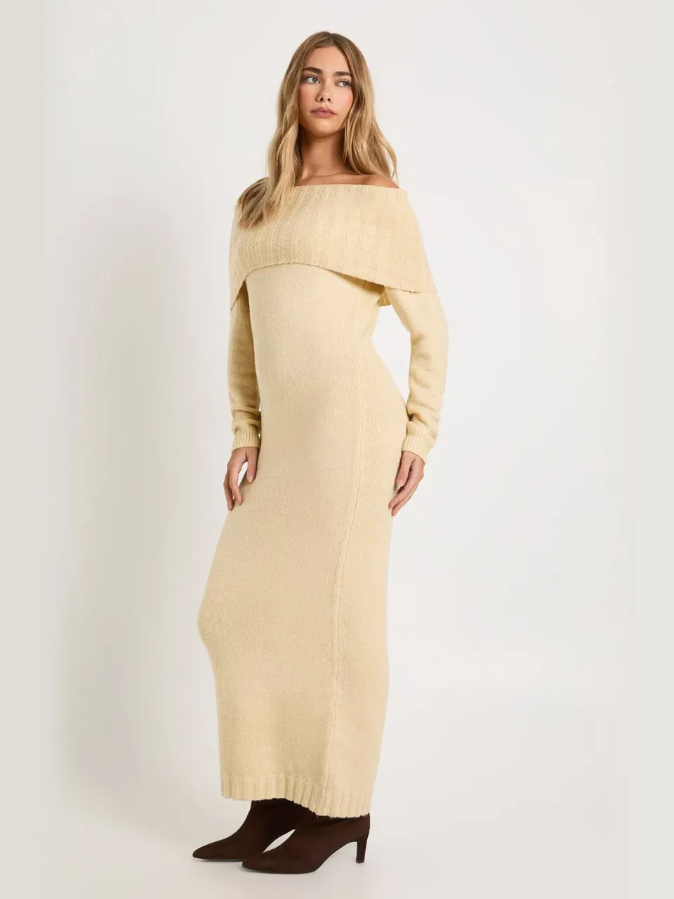 boohoo Dames Premium Oversized Bardot Halslijn Maxi Jumper Jurk steen, foto 3