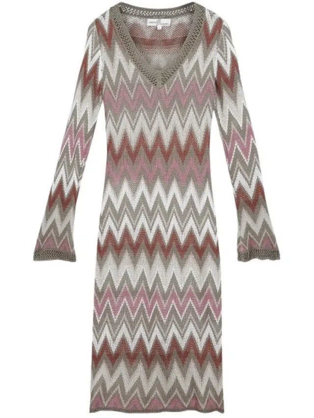 YW YEHWANG YWG - Viscose Vrouwen Midi Jurk Zigzag Patroon Beige