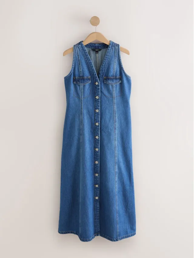 Next Dames - Denim mouwloze midi-jurk met knopen - Petite - Blauw Dark Blue