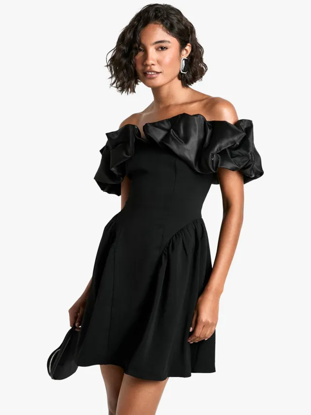 boohoo Dames Tall Ruffle Dropped Waist Mini Dress Zwart
