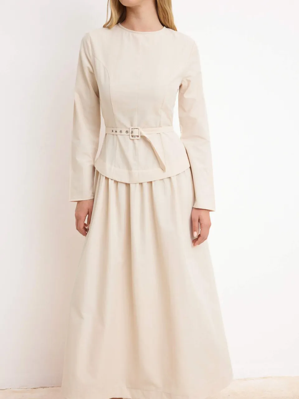 Trendyol Modest Dames Beige Effen Maxi Lang Casual Skater Modest Jurken, foto 2