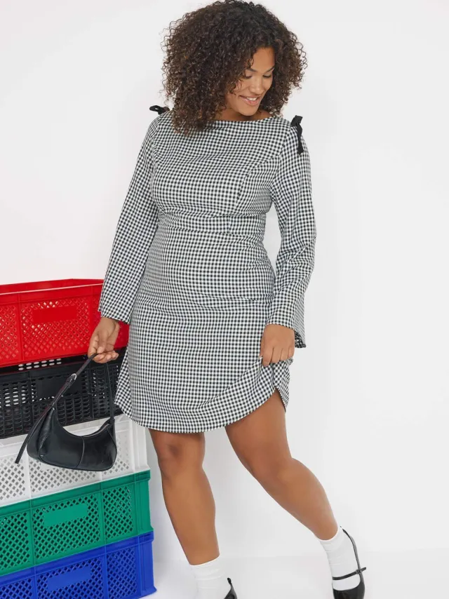 Trendyol Curve Dames Meerkleurig Geruit Kort / Mini Lang Casual A-lijn Grote maten Jurk Veelkleurig