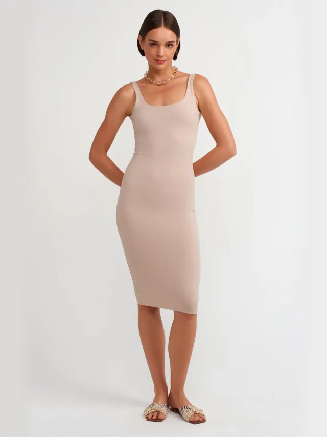 Dilvin Mouwloze Bodycon Midi-jurk Beige