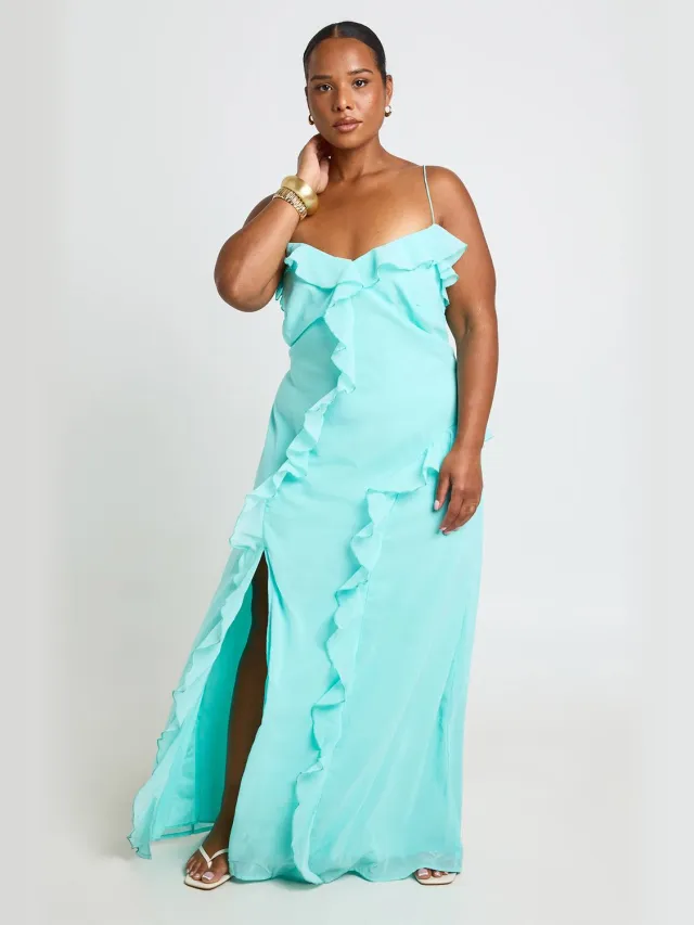 boohoo Dames Plus Chiffon Jurk Met Bandjes En Ruches Maxi Aqua