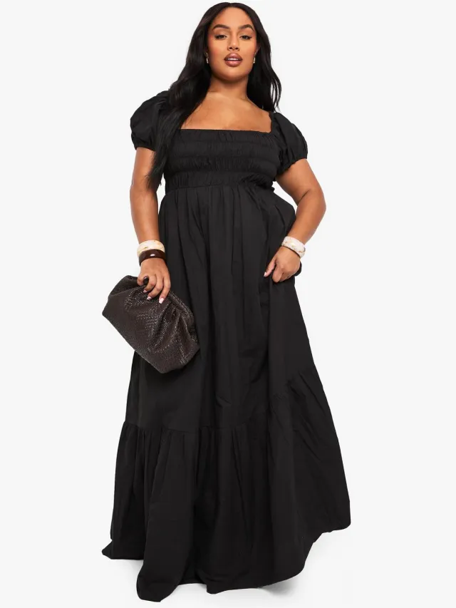boohoo Dames Plus Cotton Poplin Maxi-jurk met pofmouwen Zwart