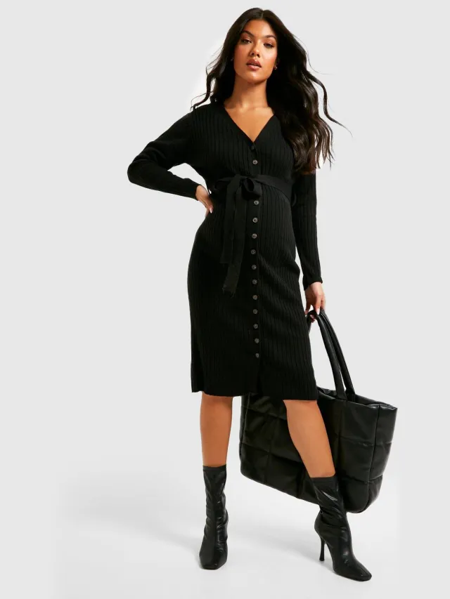 boohoo Dames Zwangerschaps button-down gebreide midi jurk Zwart