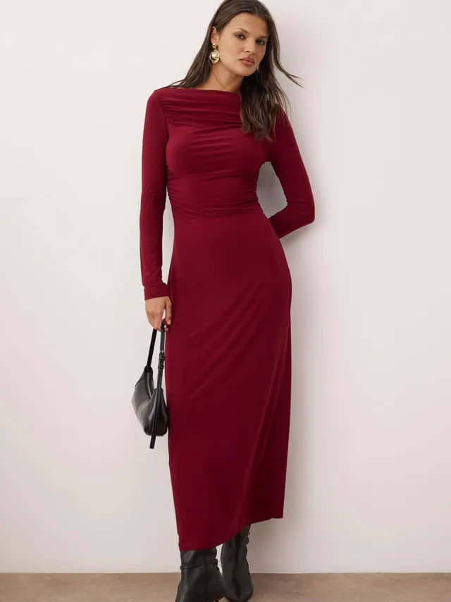 Trendyol TRENDYOLMİLLA Dames Bordeaux Effen Midi Lang Avond / Dagelijks A-lijn Jurken Bordeauxrood