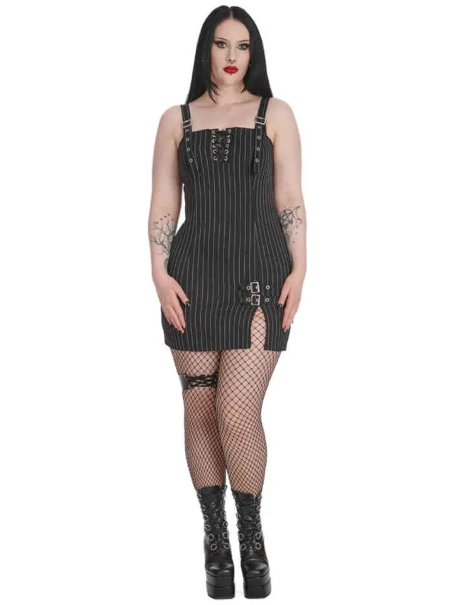 Banned Black Core Pinstripe Slit Korte jurk - XL - Zwart/Wit
