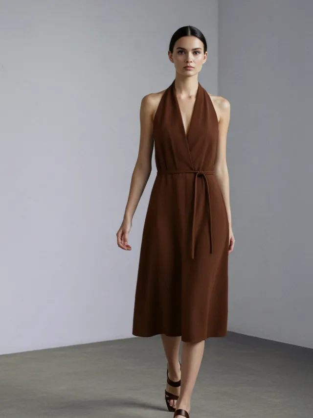 Trendyol TRENDYOLMİLLA Dames Bruin Effen Midi Mouwloos Casual Skater Jurken