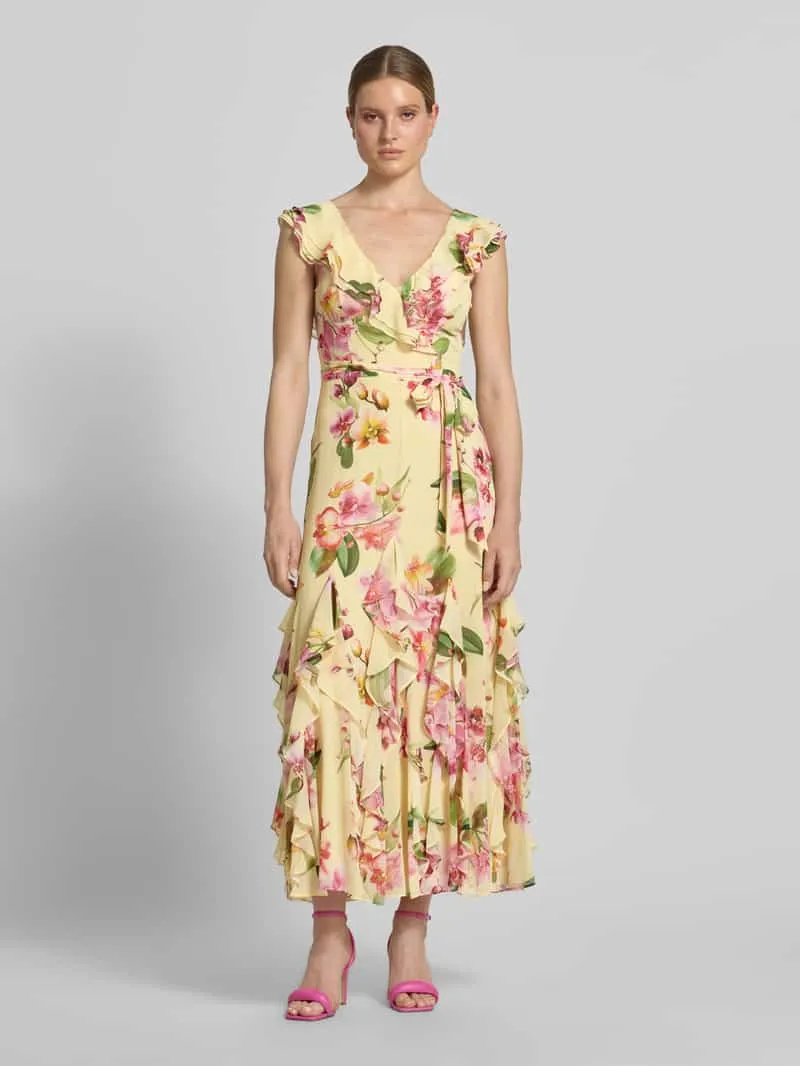 V by Vera Mont maxi-jurk met volants en strikceintuur Geel