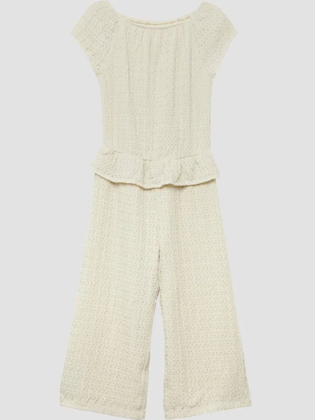 S.Oliver female - Gestructureerde jumpsuit met kantpatroon en volants crème