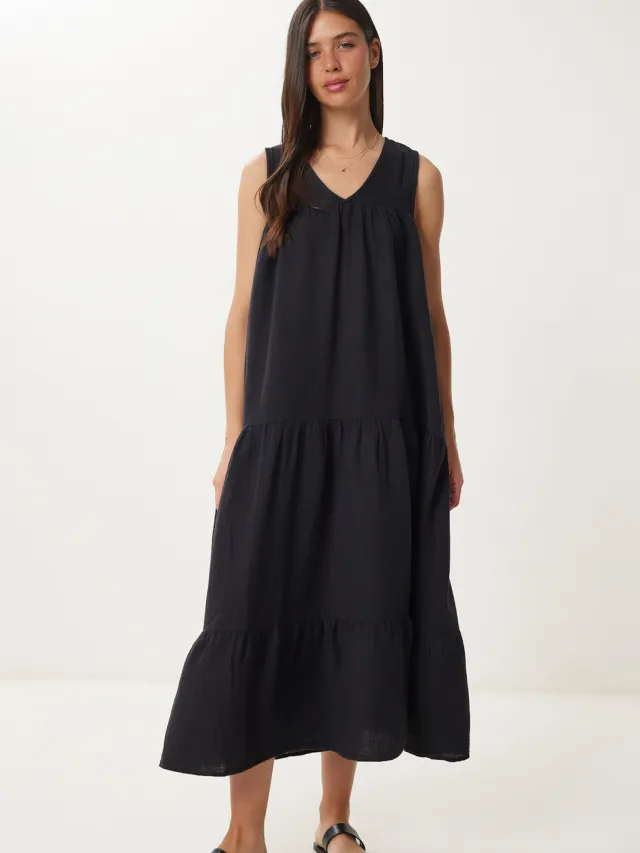 Happiness Istanbul Volants V-hals Midi Jurk Zwart