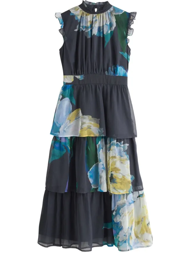 Next Dames - Bedrukte maxi-jurk met hoge hals en gelaagde rok voor speciale gelegenheden - Tall - Blauw Navy Floral Print