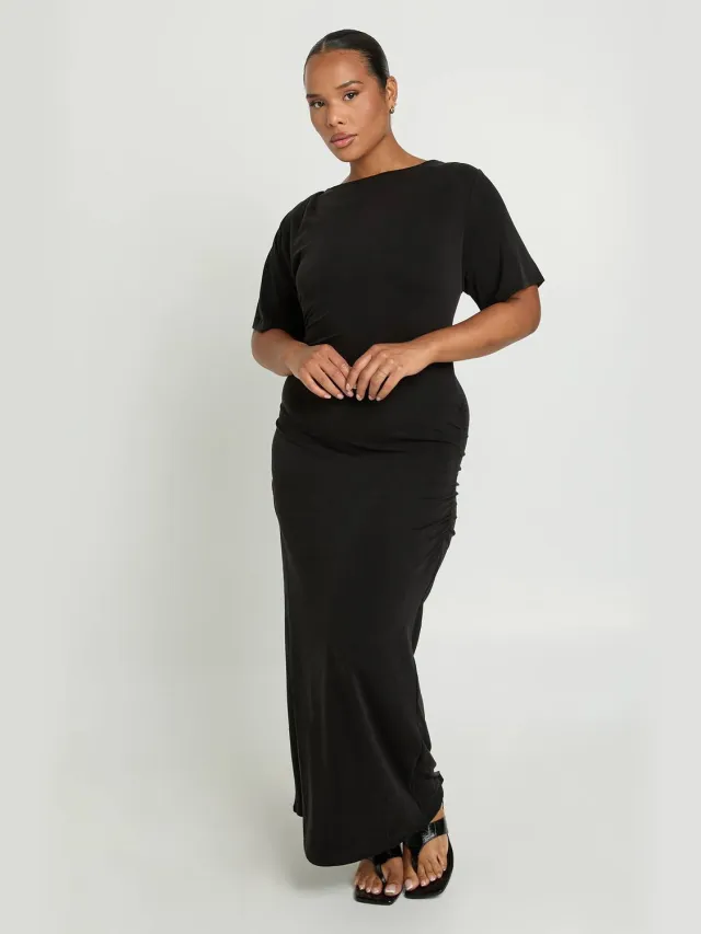 boohoo Dames Plus Super Zachte Geplooide Gedrapeerde Midaxi Jurk Zwart