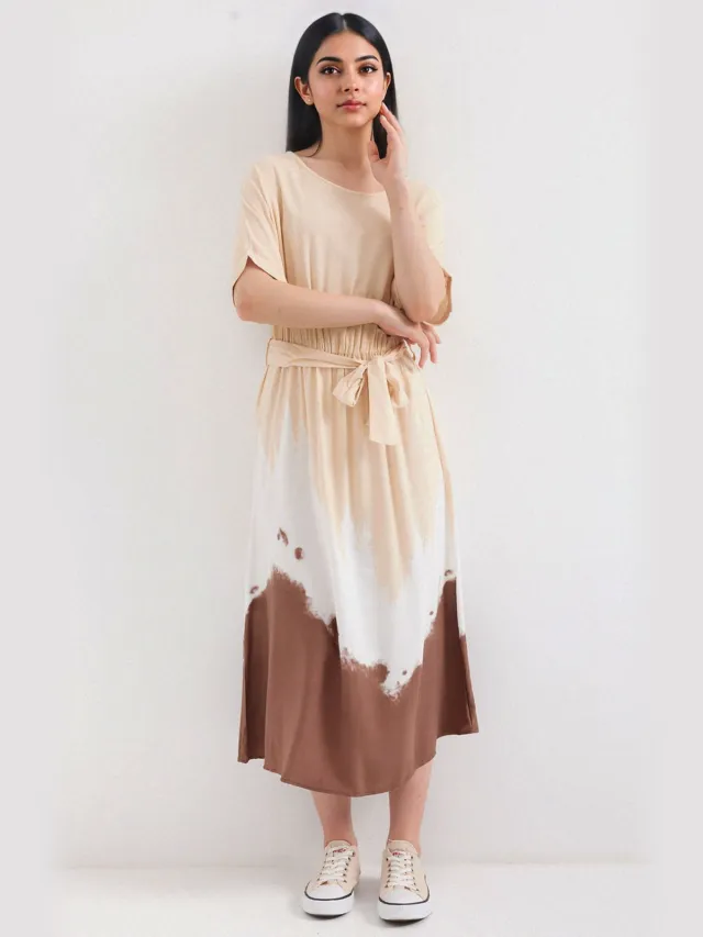 Big Dart Gradient Midi-jurk met Strik Crème