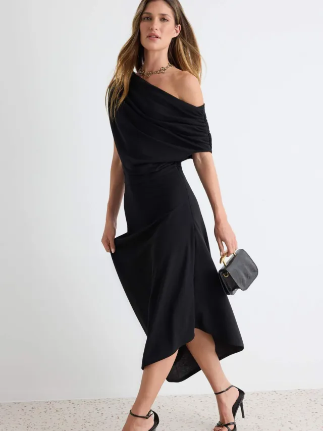 Trendyol TRENDYOLMİLLA Dames Zwart Effen Midi Mouwloos Avond / Dagelijks Asymmetrisch Jurken
