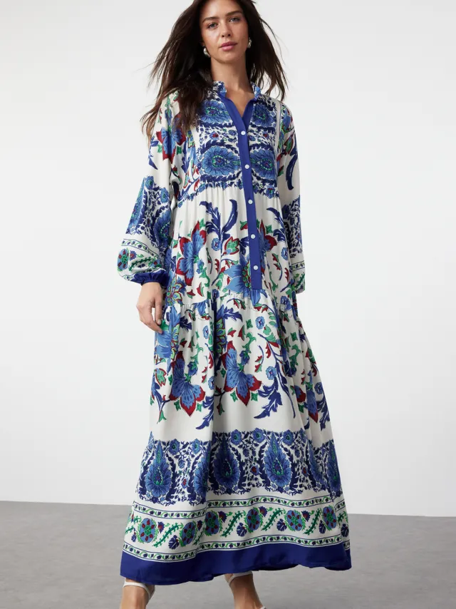 Trendyol Modest Dames Blauw Etnisch patroon Maxi Lang Casual A-lijn Modest Jurken