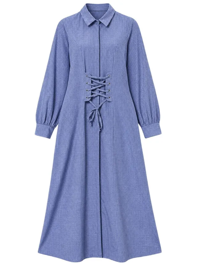 Trendyol Modest Dames Blauw Geruit Maxi Lang Blousejurk Modest Jurken