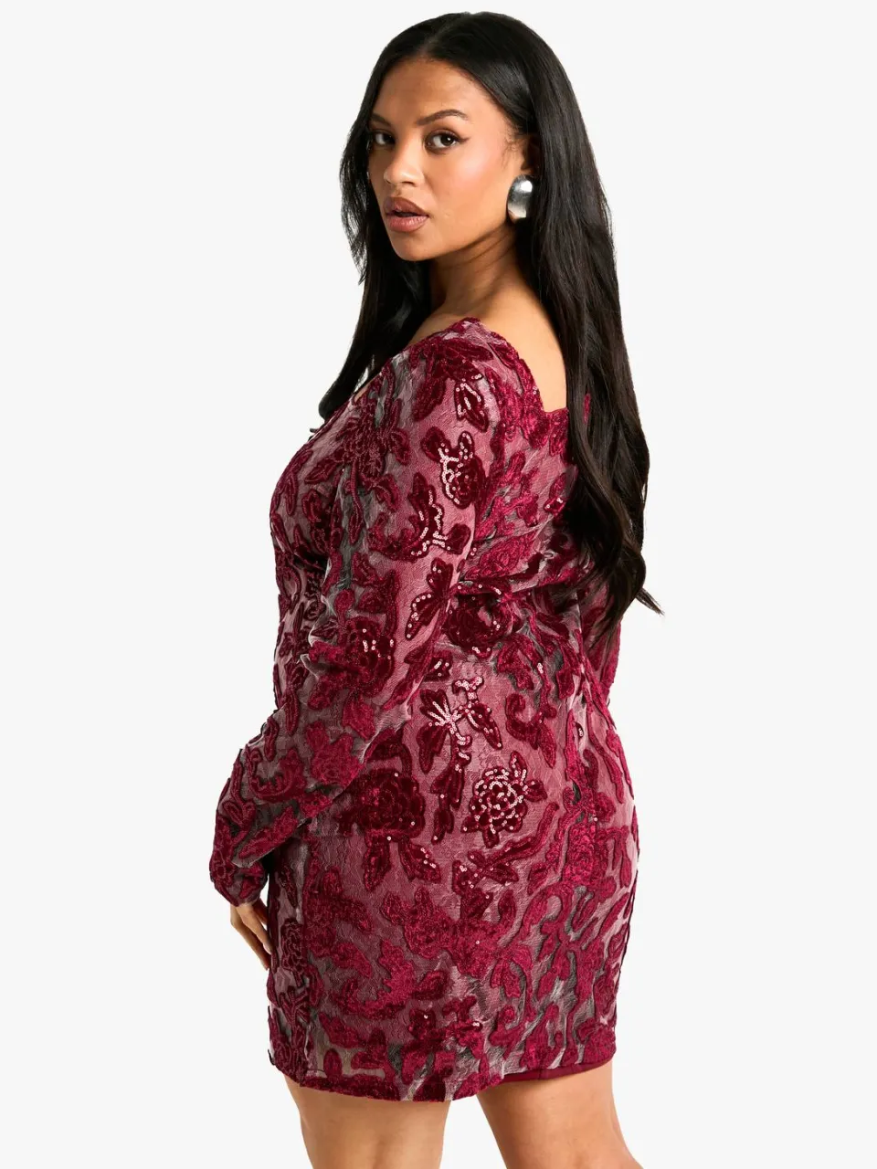 boohoo Dames Plus Demask Square Neck Bodycon Dress bessen, foto 3