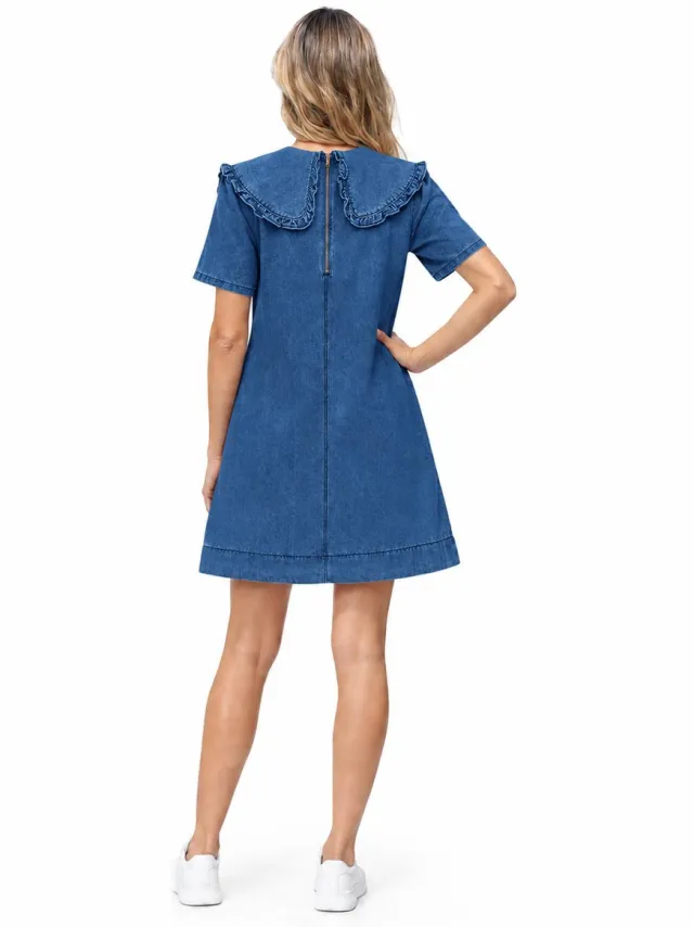 Imily Bela Dames Mini Jurk met Grote Kraag, Ruches en Korte Mouwen marineblauw