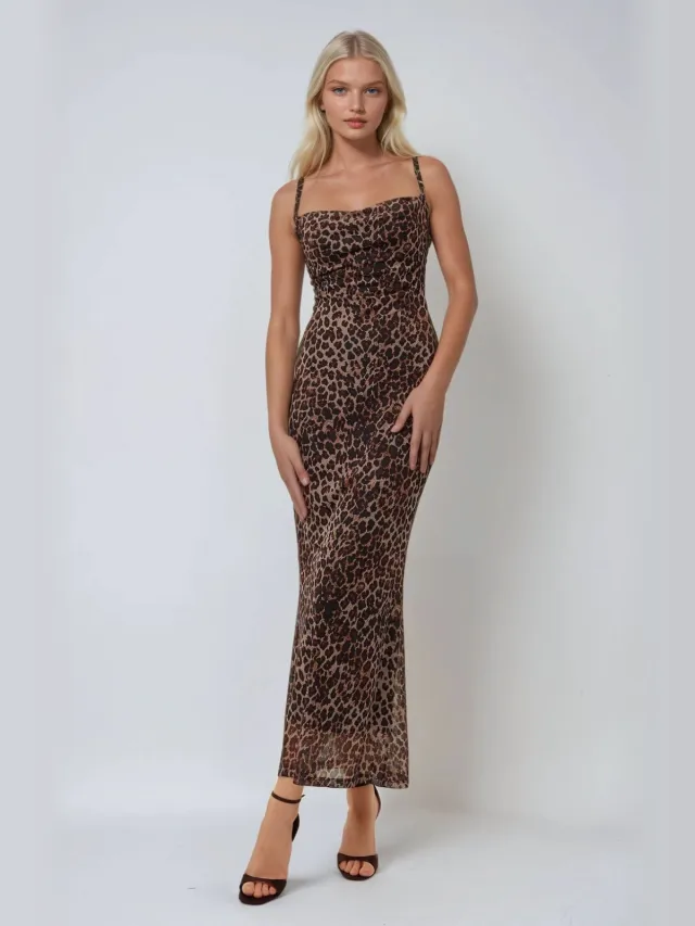 Hiccup Geprinte Bodycon Maxi Jurk Bruin