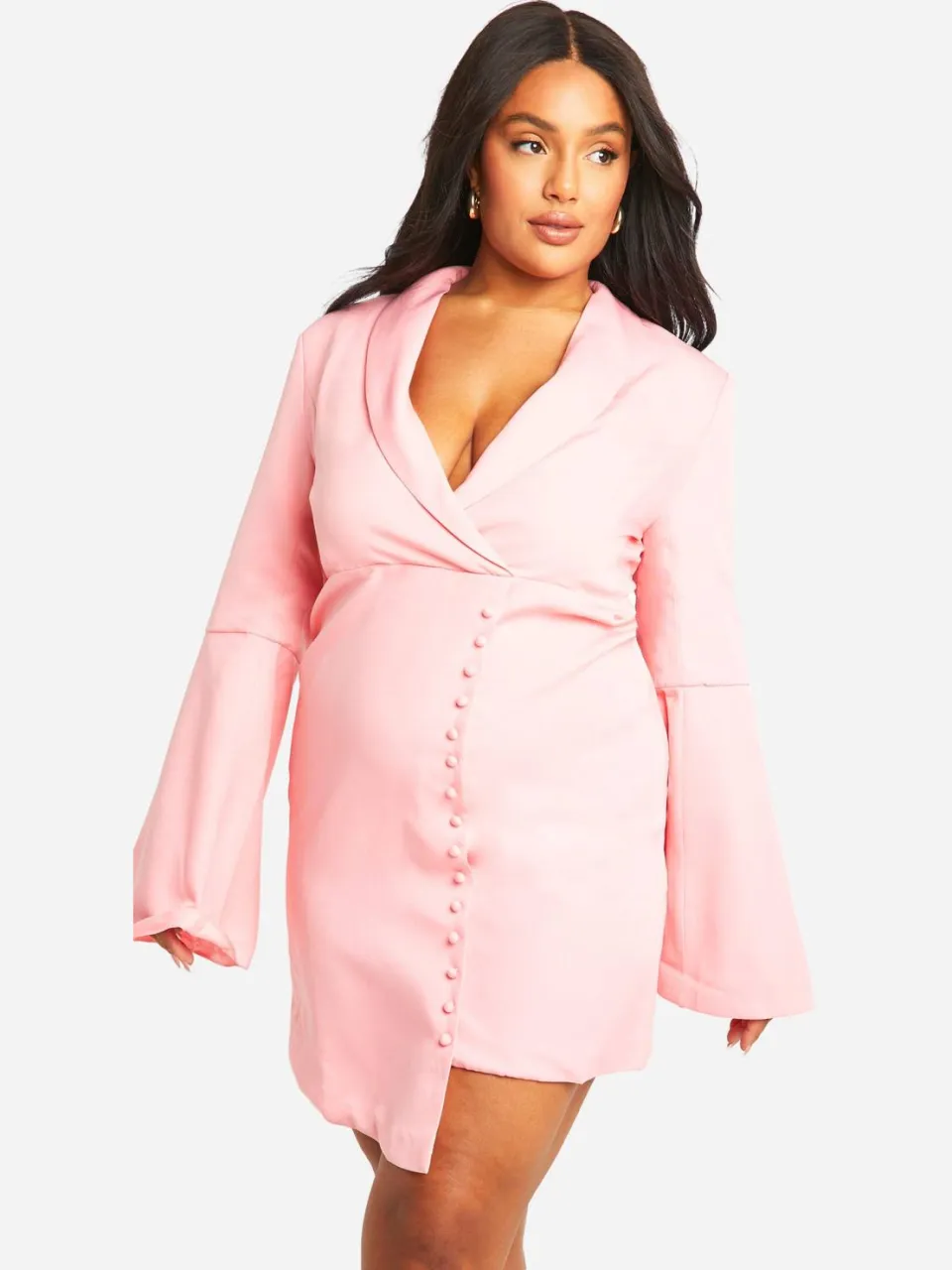 boohoo Dames Plus Zelfstof Flare Mouw Blazerjurk baby roze, foto 3