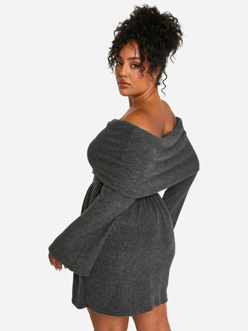 boohoo Dames Plus Geborstelde Rib Off Shoulder Skater Jurk houtskool, foto 3