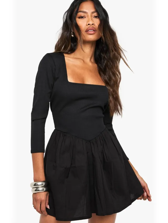 boohoo Dames Jersey Rib Cotton Mix Langarm Mini Jurk Zwart